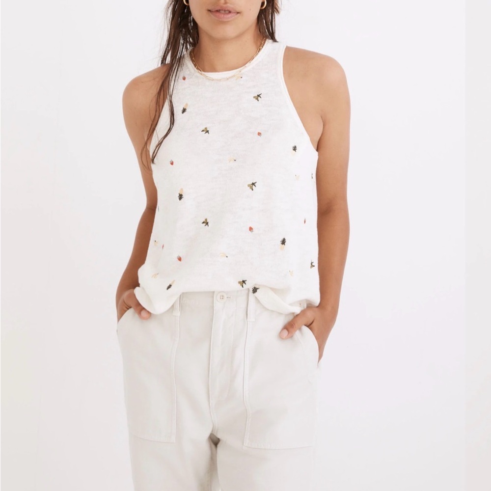 Madewell White Embroidered Racerback Tank